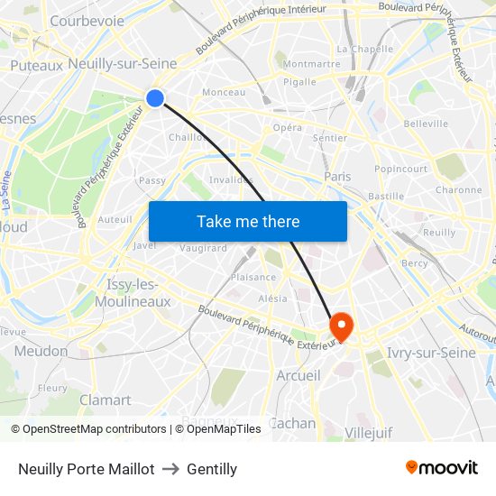Neuilly Porte Maillot to Gentilly map