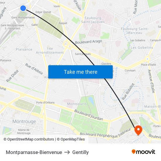Montparnasse-Bienvenue to Gentilly map