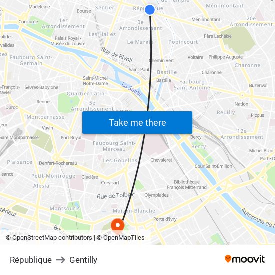 République to Gentilly map