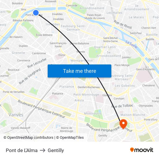 Pont de L'Alma to Gentilly map