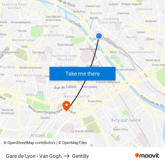 Gare de Lyon - Van Gogh to Gentilly map