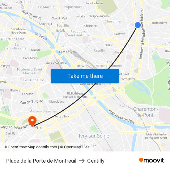 Place de la Porte de Montreuil to Gentilly map