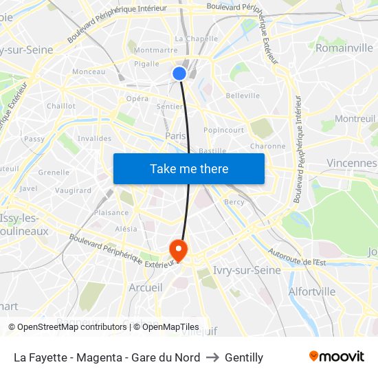 La Fayette - Magenta - Gare du Nord to Gentilly map