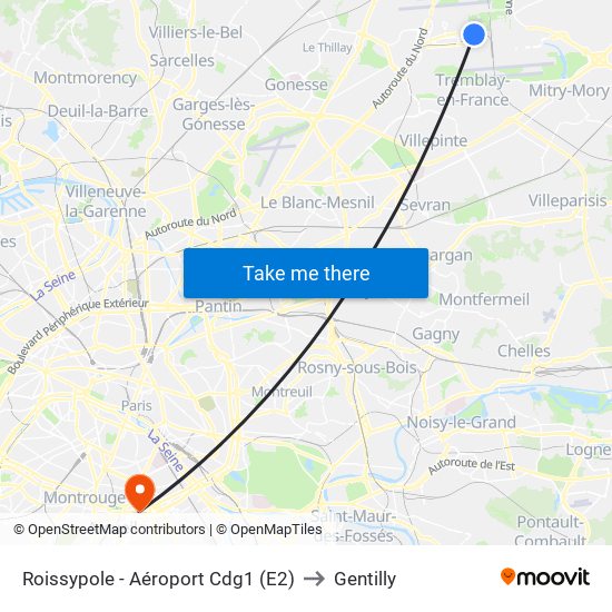 Roissypole - Aéroport Cdg1 (E2) to Gentilly map