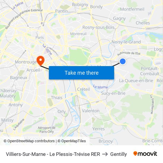 Villiers-Sur-Marne - Le Plessis-Trévise RER to Gentilly map