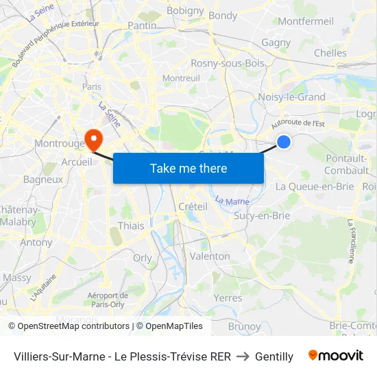Villiers-Sur-Marne - Le Plessis-Trévise RER to Gentilly map