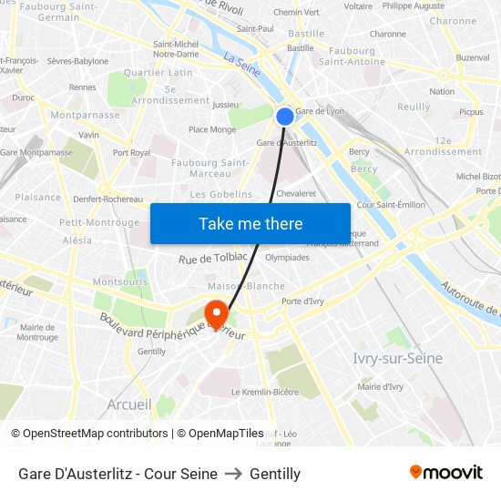 Gare D'Austerlitz - Cour Seine to Gentilly map