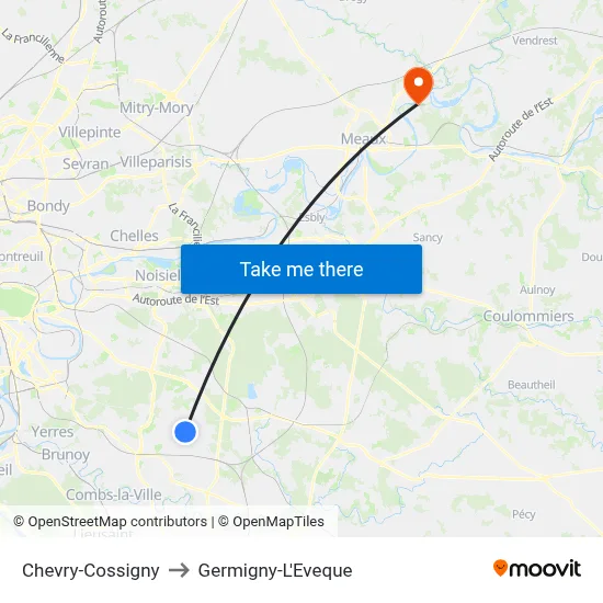 Chevry-Cossigny to Germigny-L'Eveque map