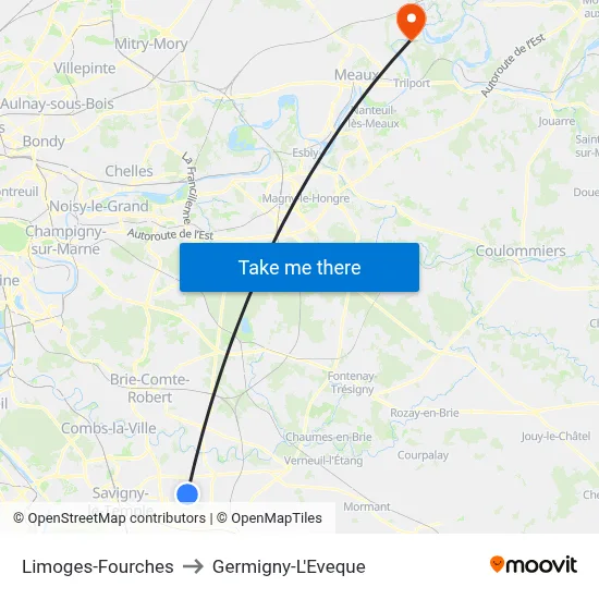 Limoges-Fourches to Germigny-L'Eveque map
