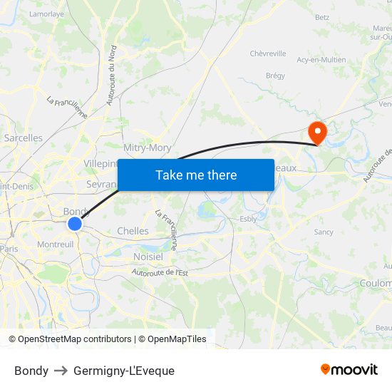 Bondy to Germigny-L'Eveque map