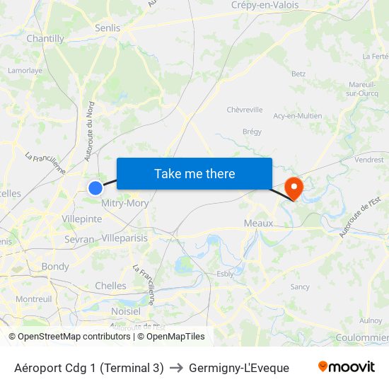 Aéroport Cdg 1 (Terminal 3) to Germigny-L'Eveque map