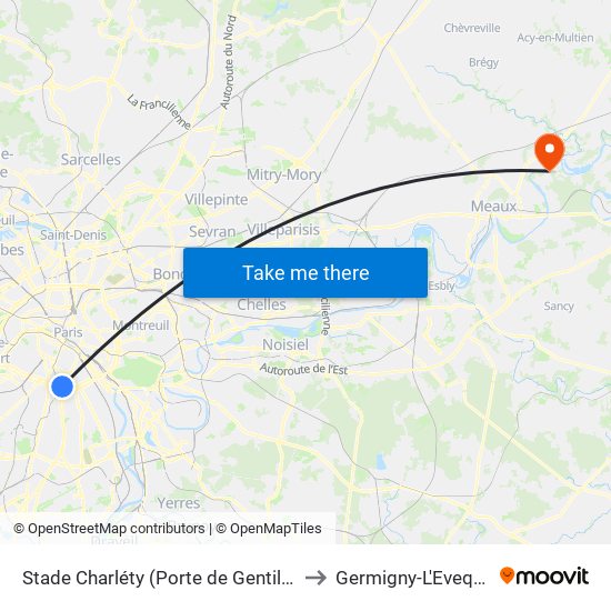Stade Charléty (Porte de Gentilly) to Germigny-L'Eveque map