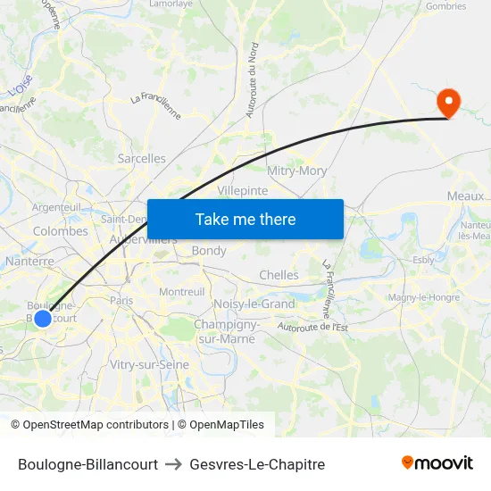Boulogne-Billancourt to Gesvres-Le-Chapitre map