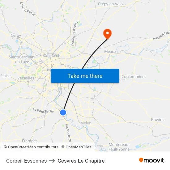Corbeil-Essonnes to Gesvres-Le-Chapitre map