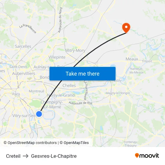 Creteil to Gesvres-Le-Chapitre map