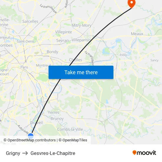 Grigny to Gesvres-Le-Chapitre map