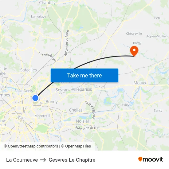 La Courneuve to Gesvres-Le-Chapitre map