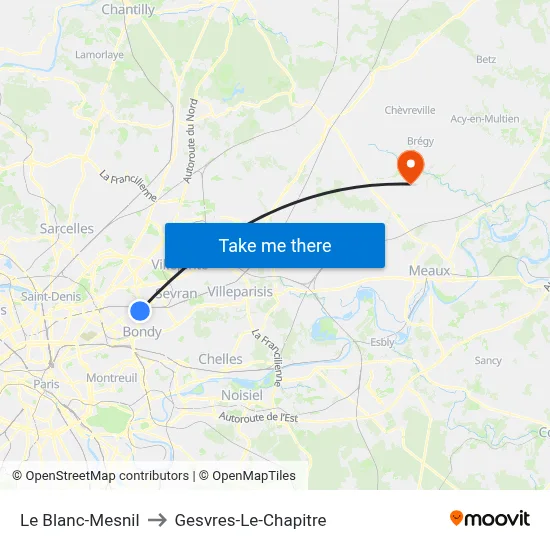 Le Blanc-Mesnil to Gesvres-Le-Chapitre map