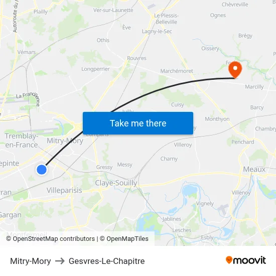 Mitry-Mory to Gesvres-Le-Chapitre map