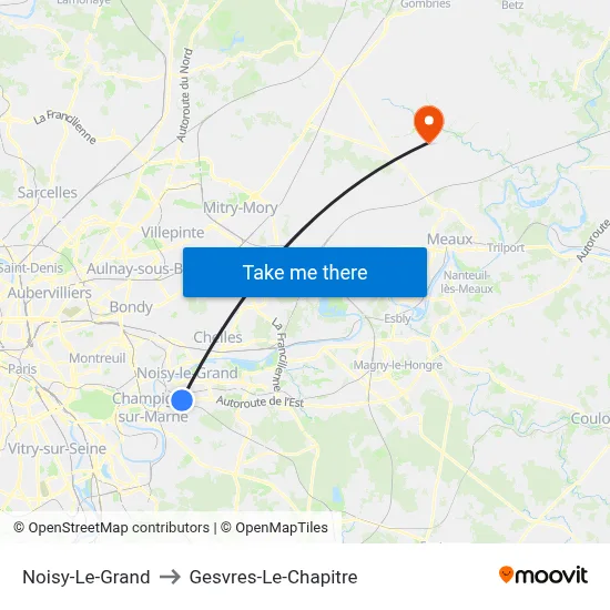 Noisy-Le-Grand to Gesvres-Le-Chapitre map