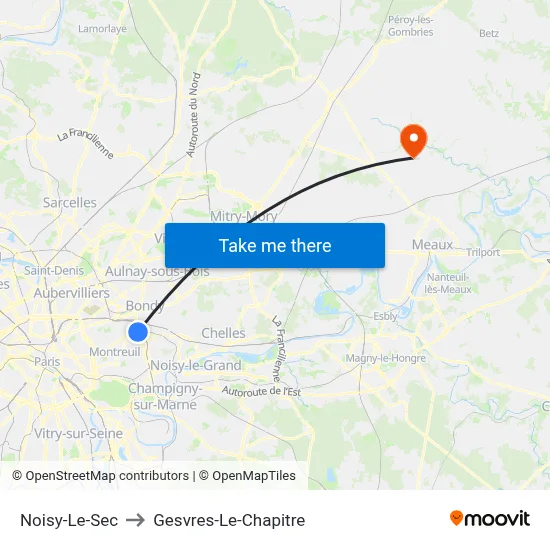 Noisy-Le-Sec to Gesvres-Le-Chapitre map