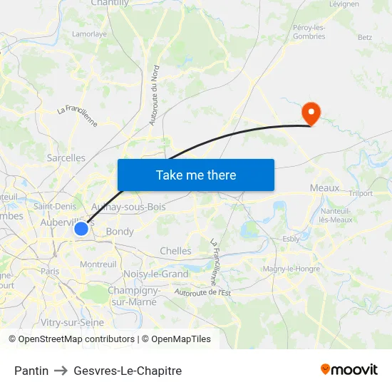Pantin to Gesvres-Le-Chapitre map