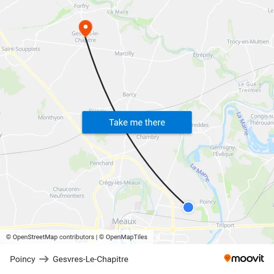 Poincy to Gesvres-Le-Chapitre map