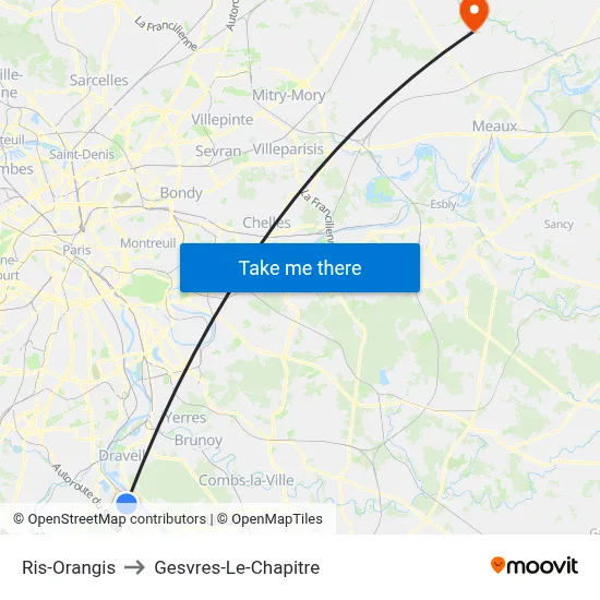 Ris-Orangis to Gesvres-Le-Chapitre map