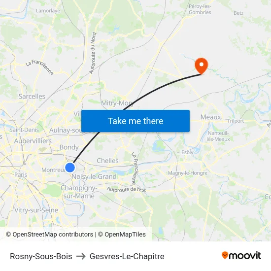Rosny-Sous-Bois to Gesvres-Le-Chapitre map