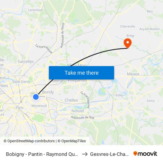 Bobigny - Pantin - Raymond Queneau to Gesvres-Le-Chapitre map