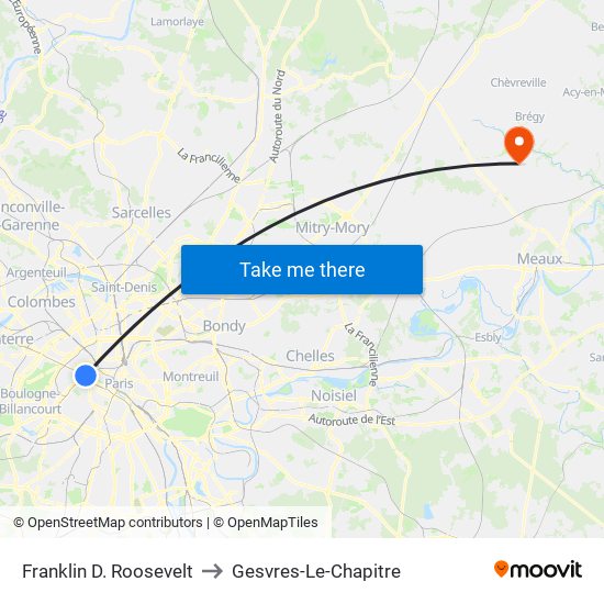 Franklin D. Roosevelt to Gesvres-Le-Chapitre map