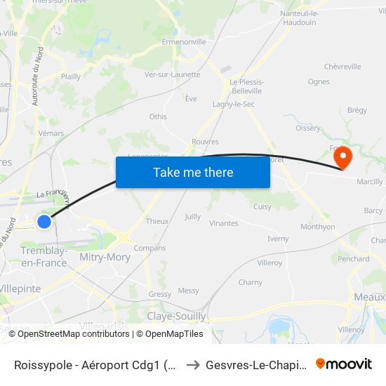 Roissypole - Aéroport Cdg1 (D3) to Gesvres-Le-Chapitre map