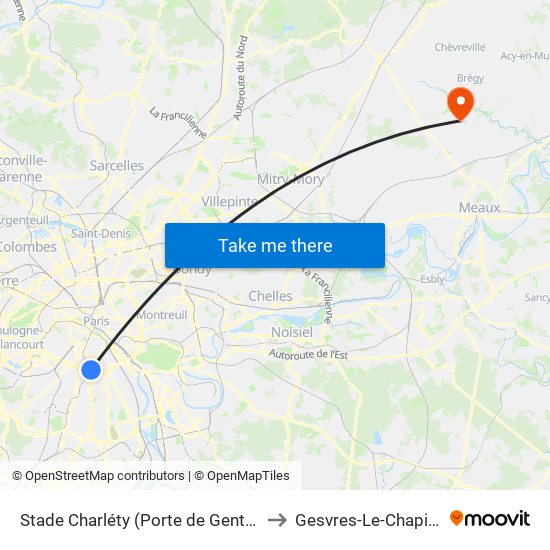 Stade Charléty (Porte de Gentilly) to Gesvres-Le-Chapitre map