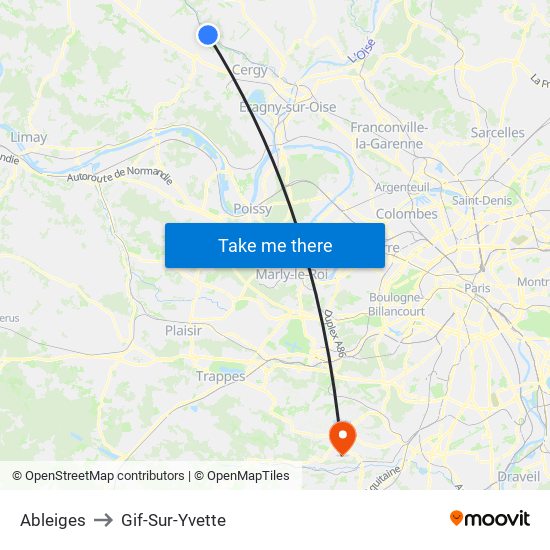 Ableiges to Gif-Sur-Yvette map