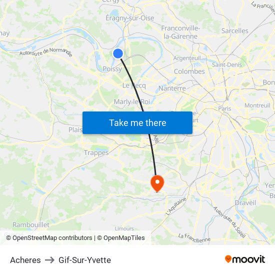 Acheres to Gif-Sur-Yvette map