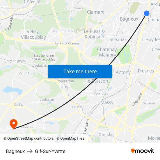 Bagneux to Gif-Sur-Yvette map