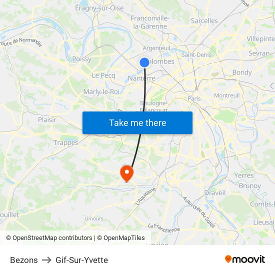 Bezons to Gif-Sur-Yvette map