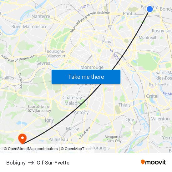 Bobigny to Gif-Sur-Yvette map