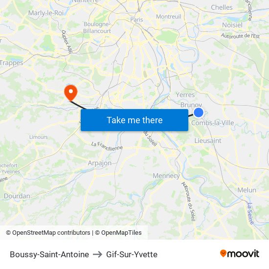 Boussy-Saint-Antoine to Gif-Sur-Yvette map