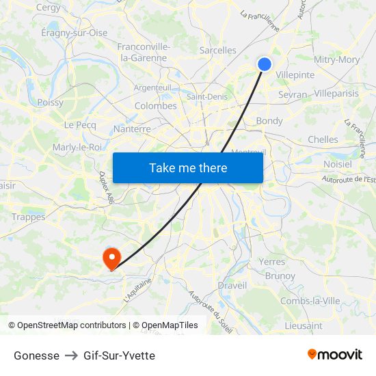 Gonesse to Gif-Sur-Yvette map