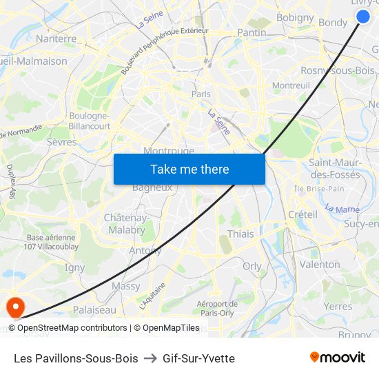 Les Pavillons-Sous-Bois to Gif-Sur-Yvette map