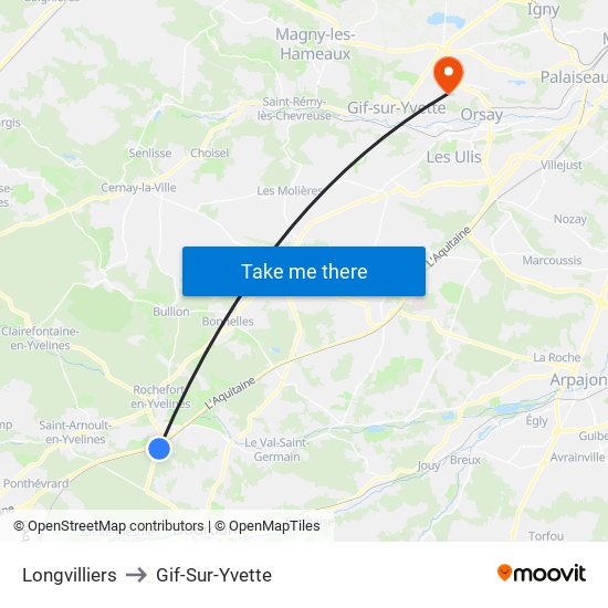 Longvilliers to Gif-Sur-Yvette map