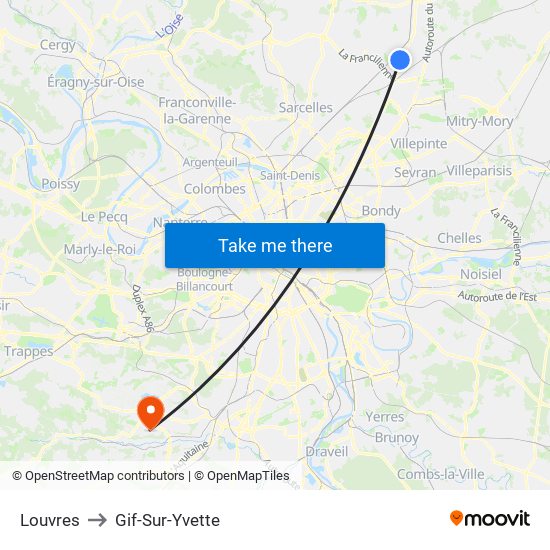 Louvres to Gif-Sur-Yvette map