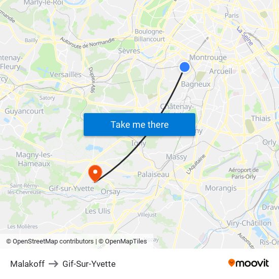 Malakoff to Gif-Sur-Yvette map