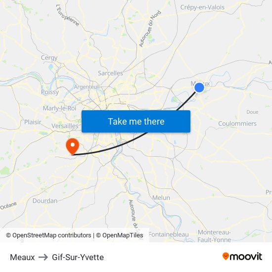 Meaux to Gif-Sur-Yvette map