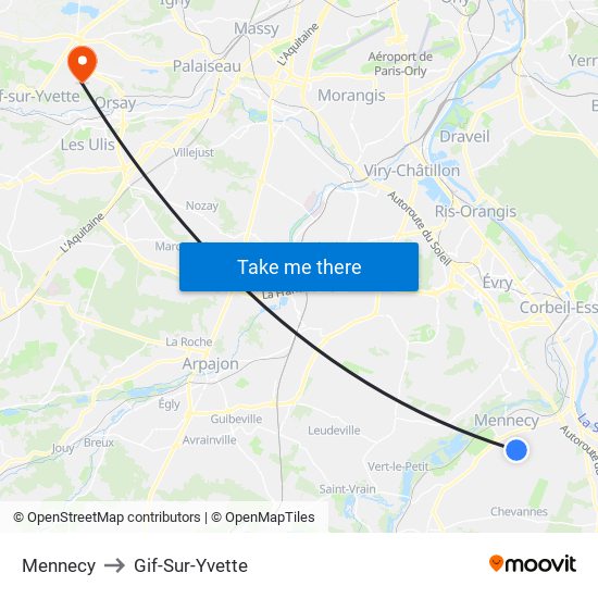 Mennecy to Gif-Sur-Yvette map