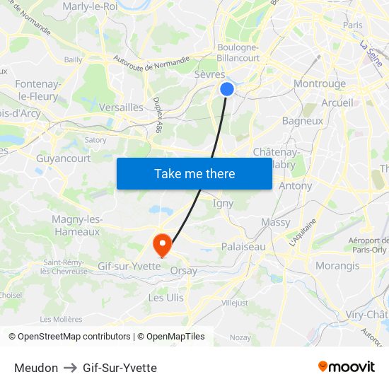 Meudon to Gif-Sur-Yvette map