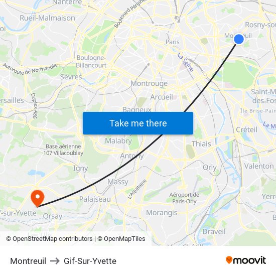Montreuil to Gif-Sur-Yvette map