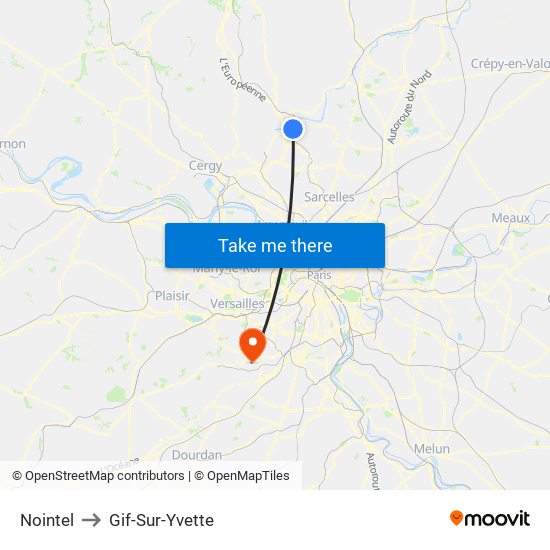 Nointel to Gif-Sur-Yvette map