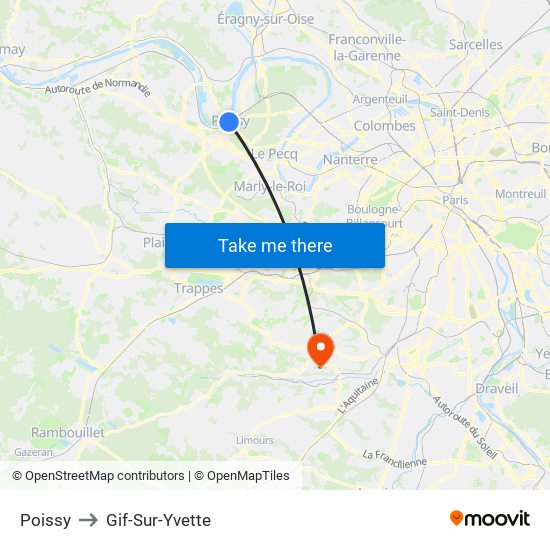 Poissy to Gif-Sur-Yvette map